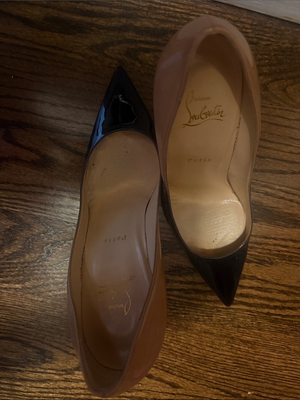 Christian Louboutin Two-Tone Patent Pointed Pumps - Black and Nude - Picture 6 of 7